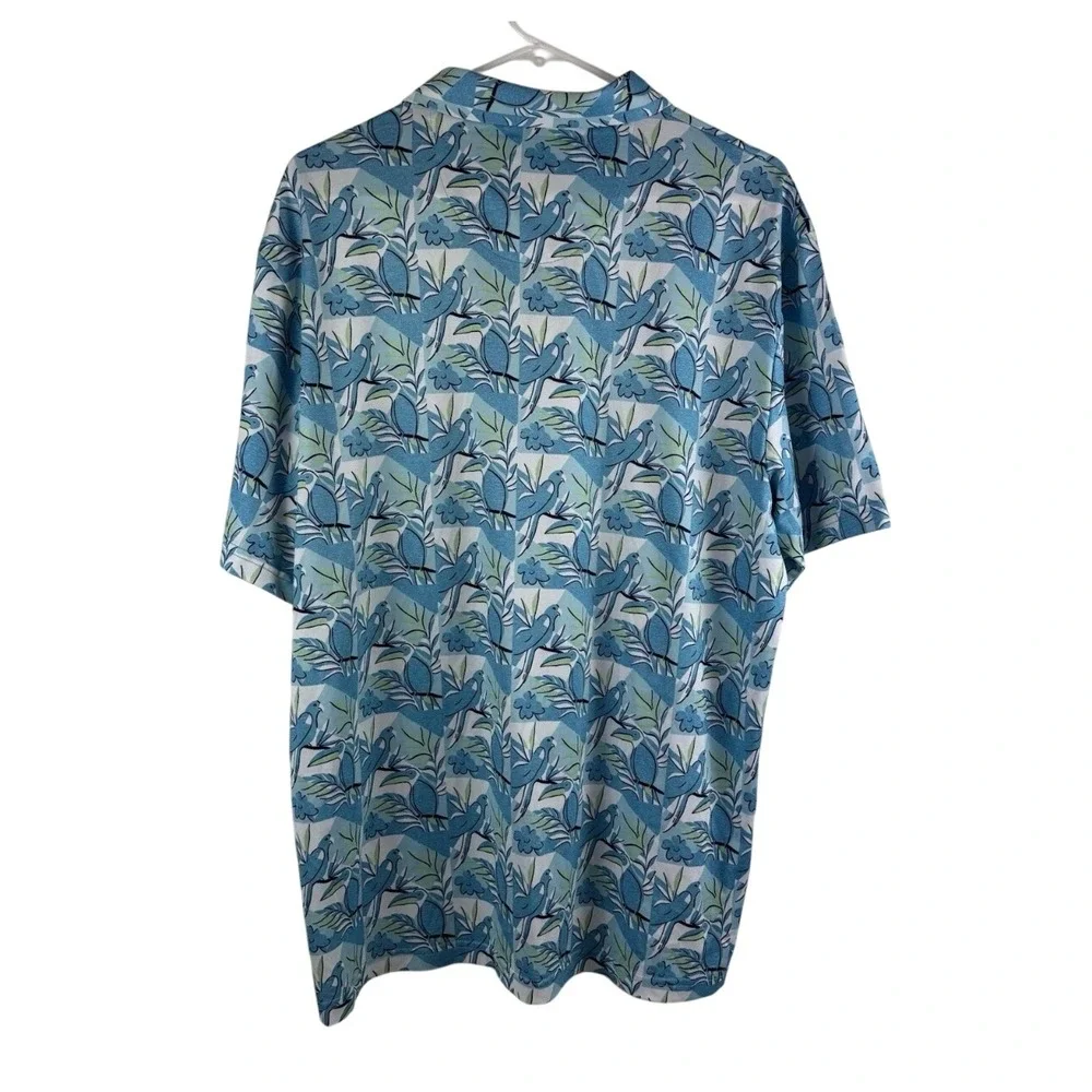 Nicklaus Polo Shirt Mens Large Blue Tropical Bird Floral Print Eco Stretch Golf
